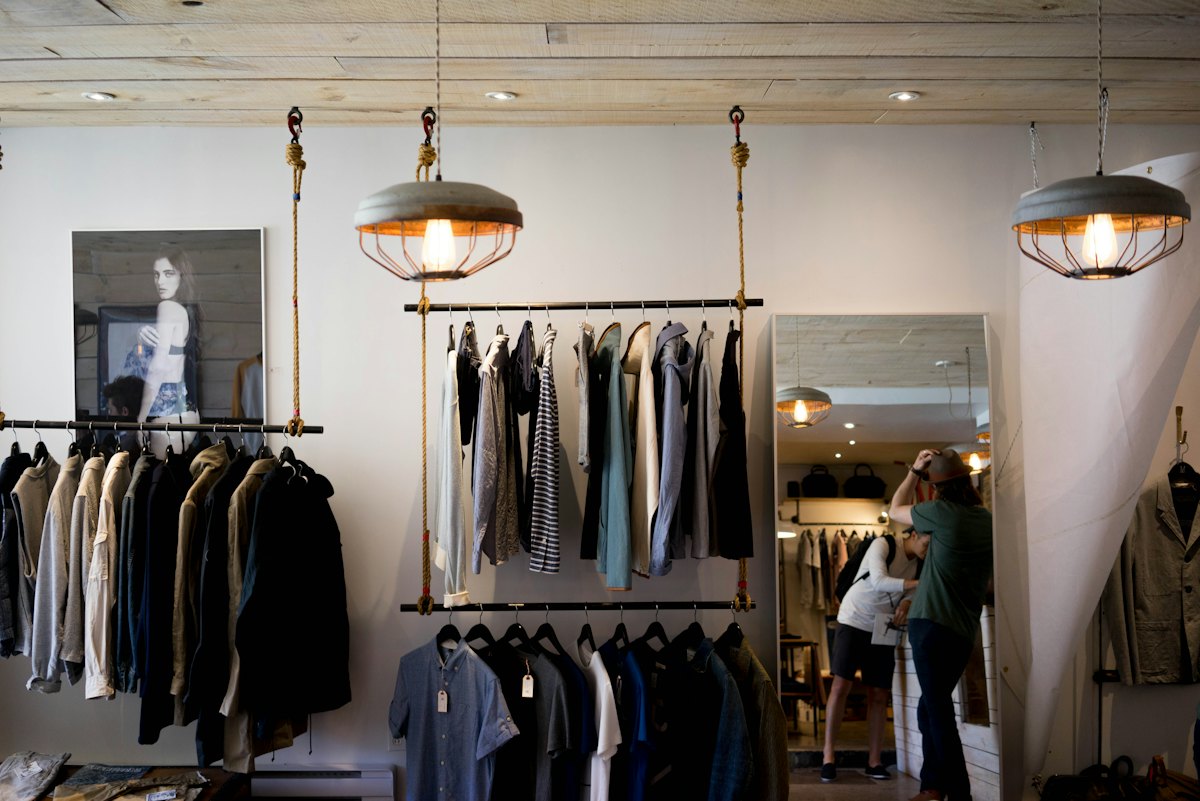 Apparel showroom wall displaying multiple brand collections